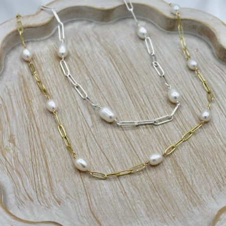 Rice Pearl and Paperclip Necklace