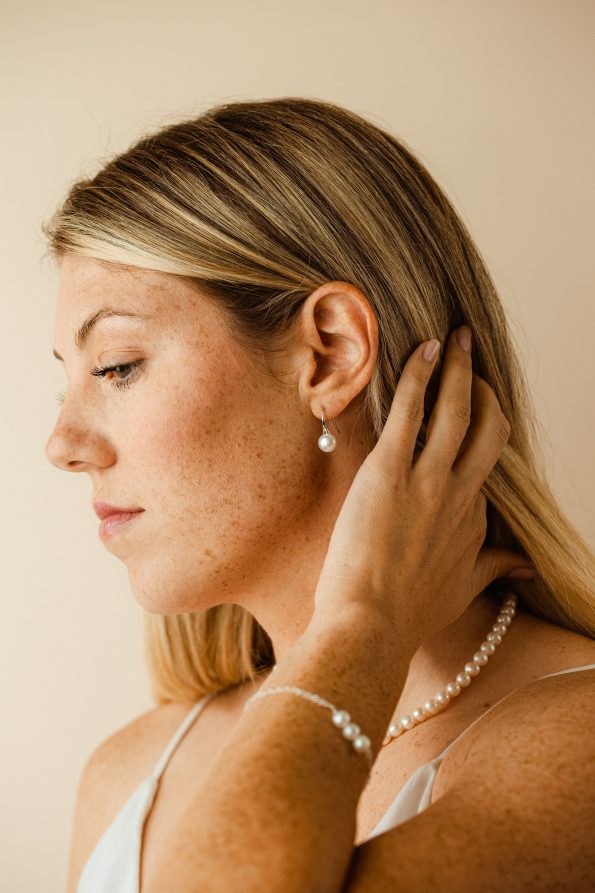silver button pearl earrings