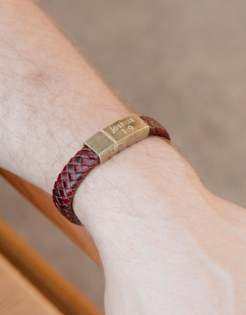 Engraved Brass Braided Leather Cuff in Brown For Dad