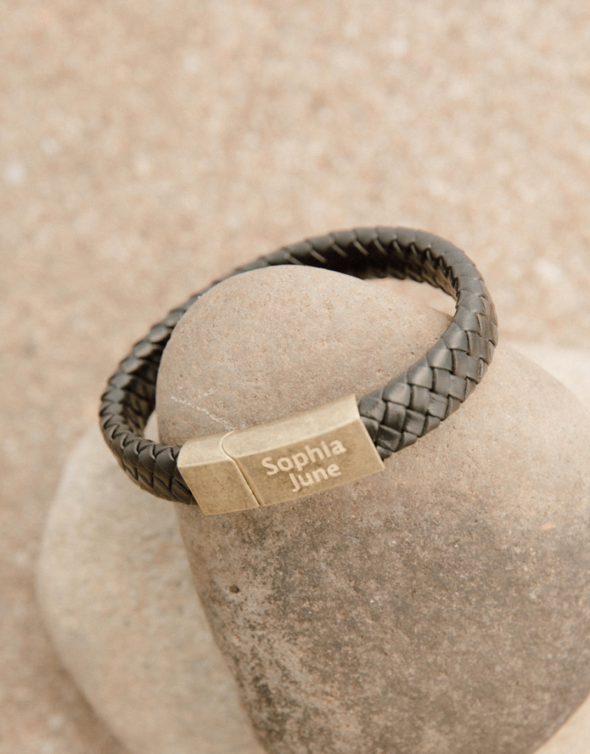Engraved Brass Braided Leather Cuff in Black For Father’s Day