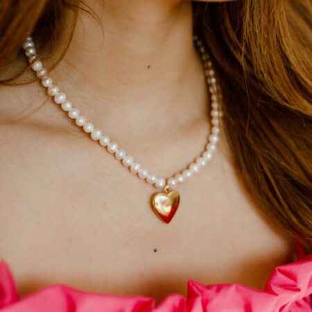 Gold Locket Necklace in Heart Shape with Freshwater Pearls Chain