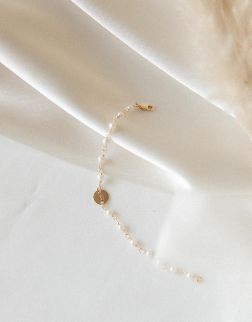 Gold Pearl Rosary Bead Initial Bracelet | Pearl Jewelry For Her