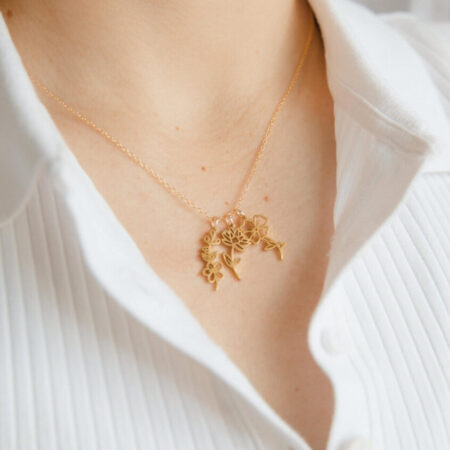 Model wearing Golden Birth Flower Charm Necklace with 3 Birthflowers