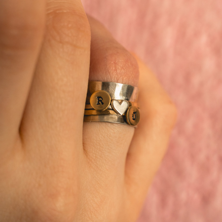 Initial & Heart Spinner Ring in Silver & Gold