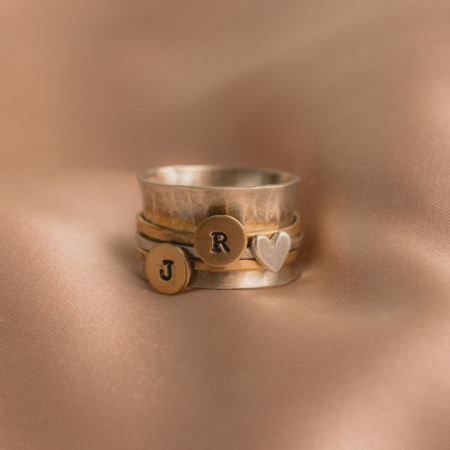 Initial & Heart Spinner Ring in Silver & Gold For Women