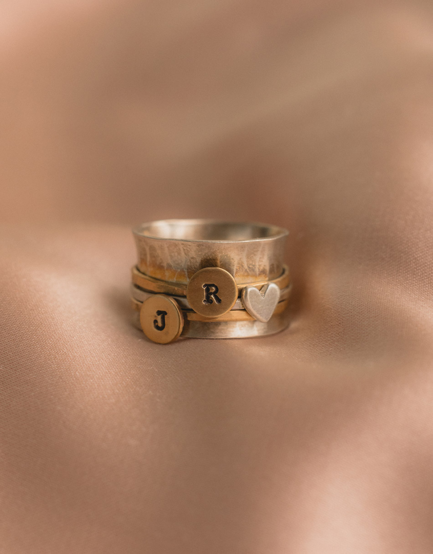 Initial & Heart Spinner Ring in Silver & Gold For Women