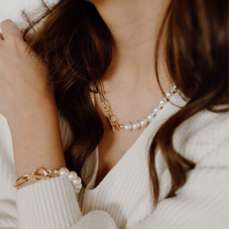 Image of model wearing Oval Link Pearl Necklace