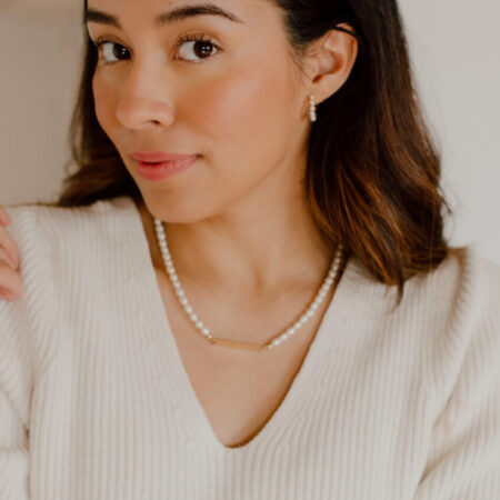 Image of model wearing Rice Pearl Gold-Filled Bar Necklace
