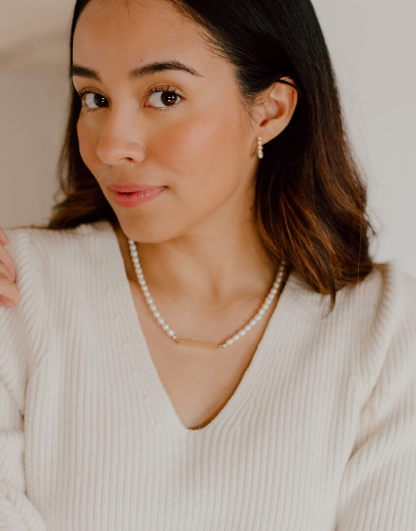 Image of model wearing Rice Pearl Gold-Filled Bar Necklace