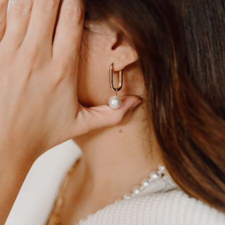 Image of model wearing Valerie Pearl Loop Earrings
