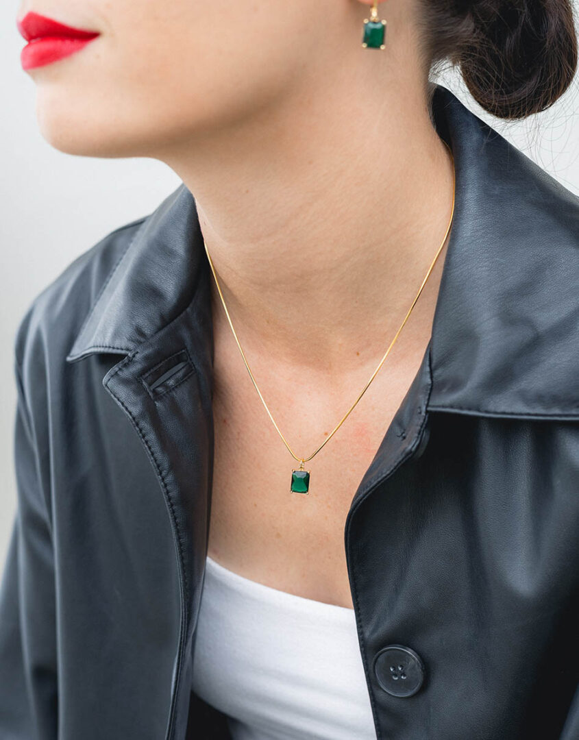 Gold Emerald Square Set | Emerald Baguette Necklace & Earrings