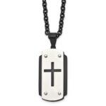 Stainless Steel Brushed and Polished Black Cross Dog Tag Necklace