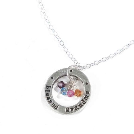 Best personalized necklace for grandma. Hand stamped sterling silver disc along with birthstones of grand children