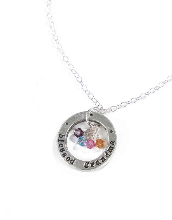 Best personalized necklace for grandma. Hand stamped sterling silver disc along with birthstones of grand children