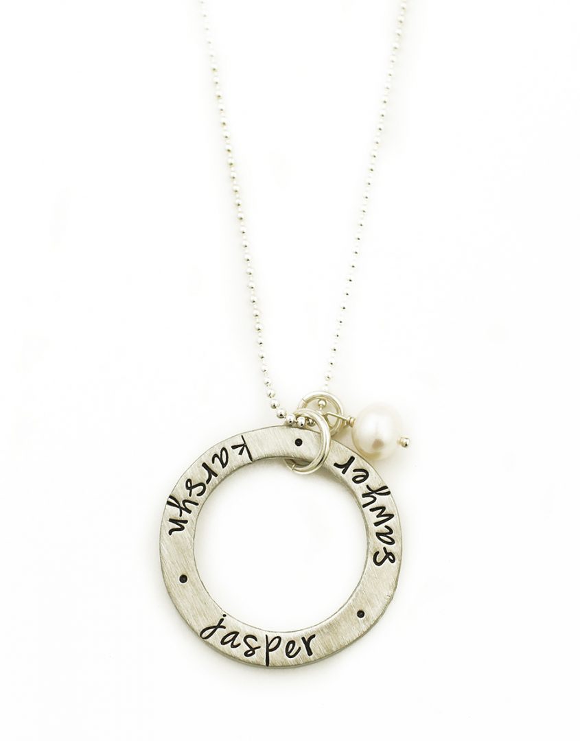 Personalized necklace with a chunky charm, hand stamped with names. Perfect gift for mom, wife, grandma