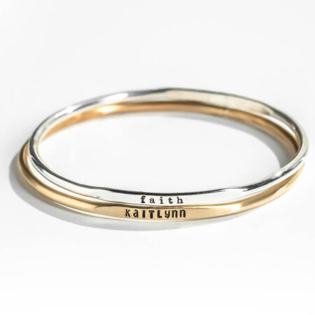 Handmade in sterling silver or gold-filled, these bangles are hand stamped with name, date or any sentiment. Personalized bracelet for mom