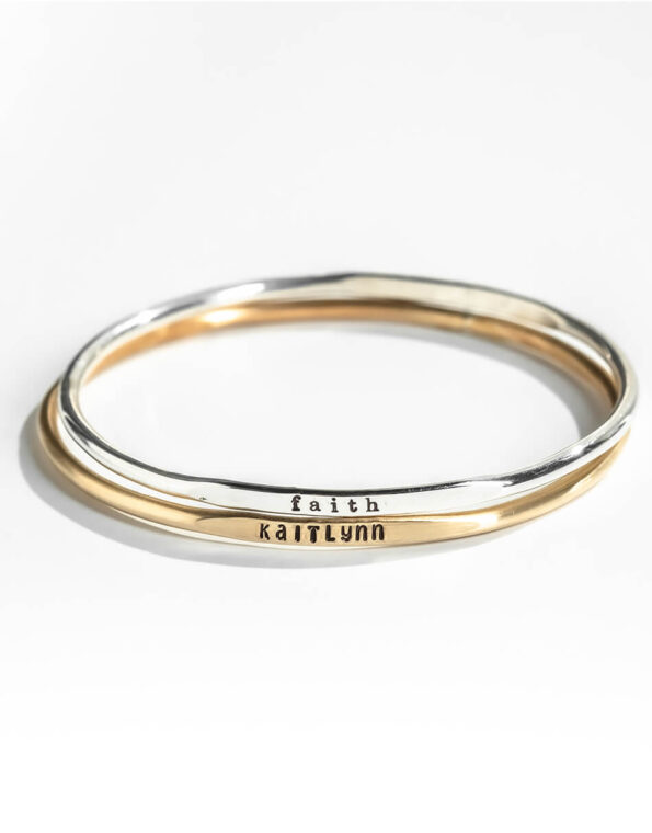 Handmade in sterling silver or gold-filled, these bangles are hand stamped with name, date or any sentiment. Personalized bracelet for mom