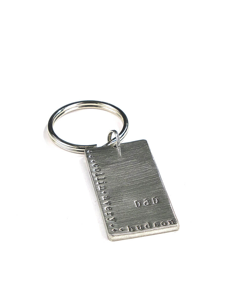 Made in fine pewter and hung on a circle keyring, this keychain is hand-stamped with special words or names. Best gift for dads or grandpas