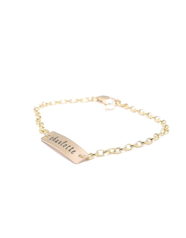 A dainty gold-filled rectangle charm bracelet with engraved name. Perfect for wife, mom, daughter, sister