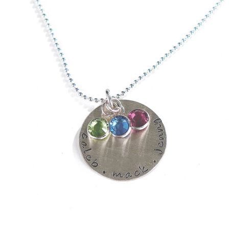 Hand stamped sterling siver disc along with a Swarovski birthstone crsytal. Perfect gift for mom, wife, grandma