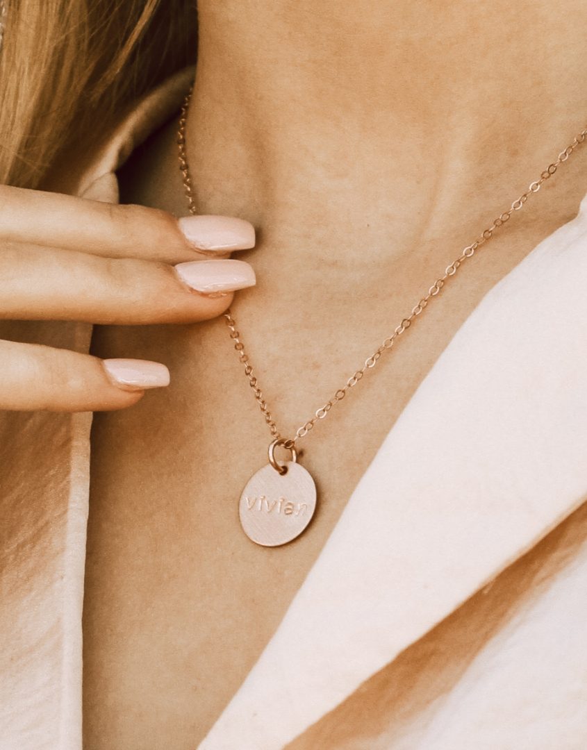 Dainty rose gold circle necklace with name engraved. Perfect gifting option for mom, wife, sister and friends