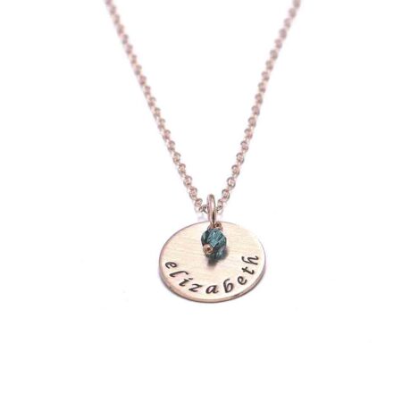 Personalize this rose gold dainty circle necklace with Swarovski birthstone crystal and name engraved on it
