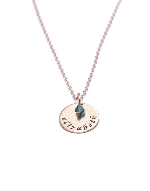 Personalize this rose gold dainty circle necklace with Swarovski birthstone crystal and name engraved on it