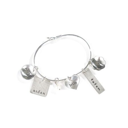 Eclectic bangle silver charm bracelet. Add-in your choice of charms with names engraved on it.