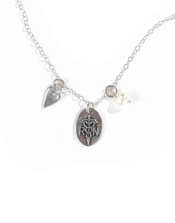 Handmade charms created in fine pewter and hung on your choice of chain with a freshwater pearl for a hardworking nurse