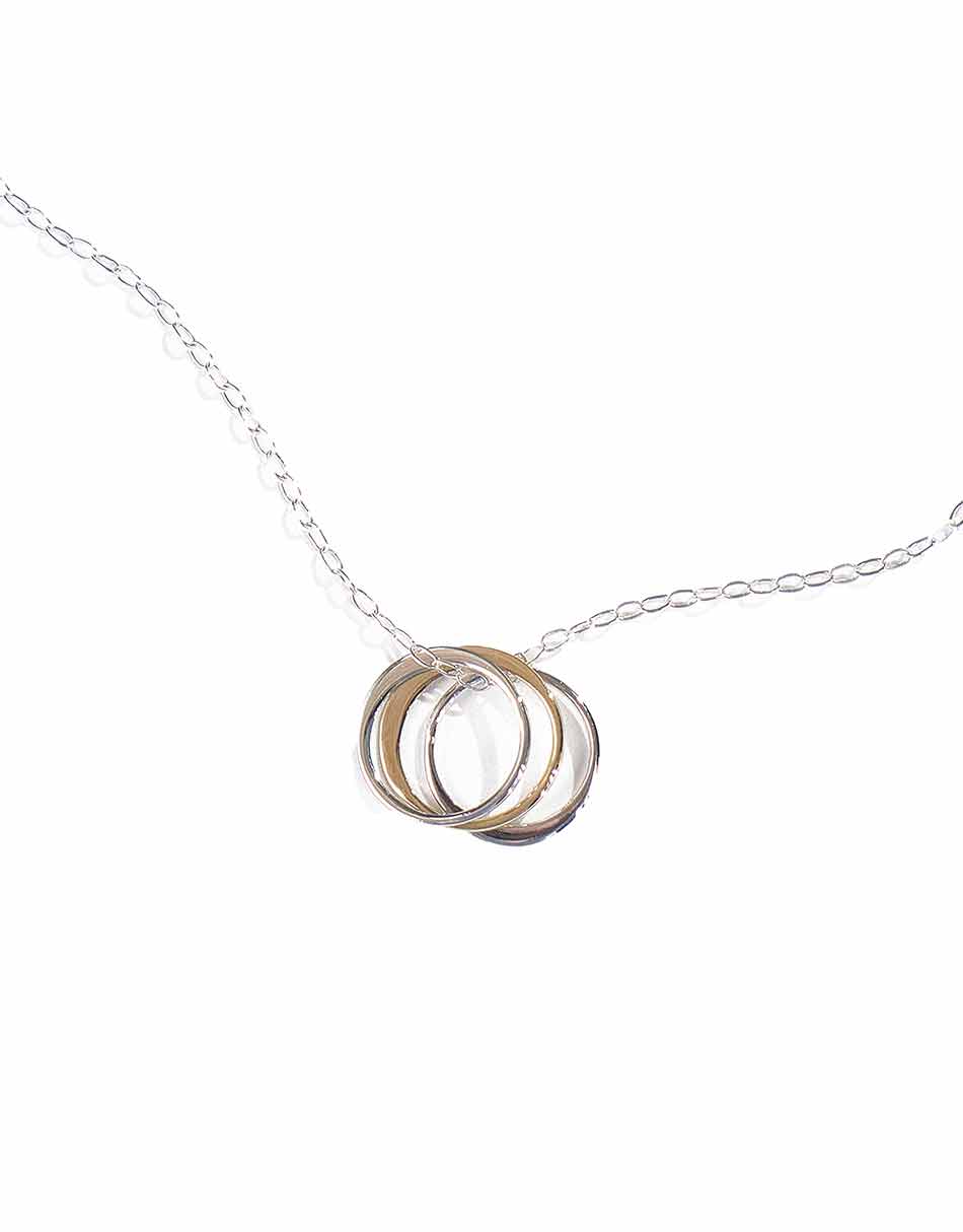 2 sterling silver circles and 1 gold-filled circle, hung on a sterling silver dainty chain. Perfect gift for wife on anniversary