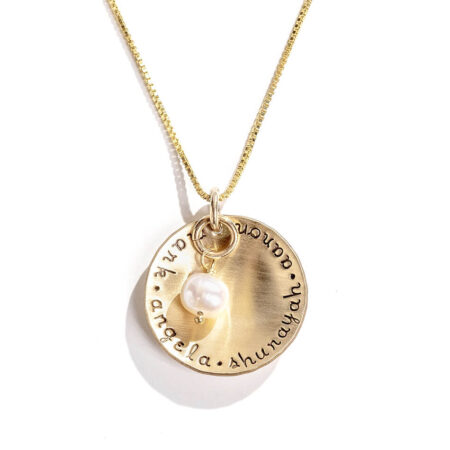 Gold-filled circle hand stamped with names. Personalize jewelry for your mom, wife, grandma