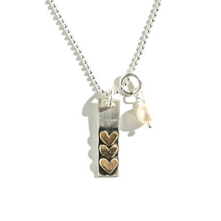 Sterling silver charm stacked with gold-filled hearts, hand-stamped with any word, name, or scripture. Personalized jewelry for mom or grandma