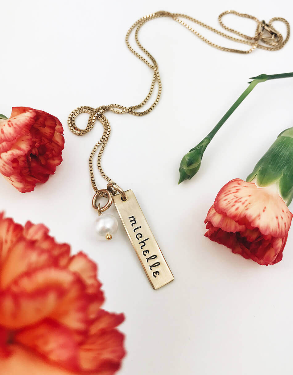 A gold-filled charm hand-stamped with custom name. Personalized name necklace for wife, mom