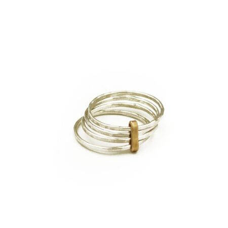 A golden metal “tie” binds together sterling silver rings. Great gift for mom, grandma, wife, sister