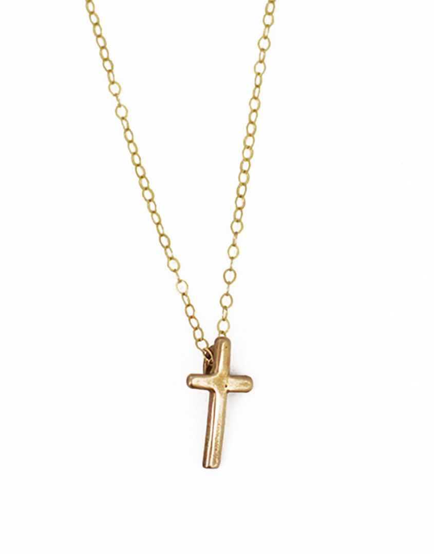 Golden tiny cross necklace, a small forged cross charm created in bronze . Perfect for daughter, wife, sister, mom