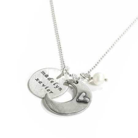 Perfect gift for mom, wife. A moon charm with a lovely message and a heart. Names on the disc make for the perfect personalized necklace