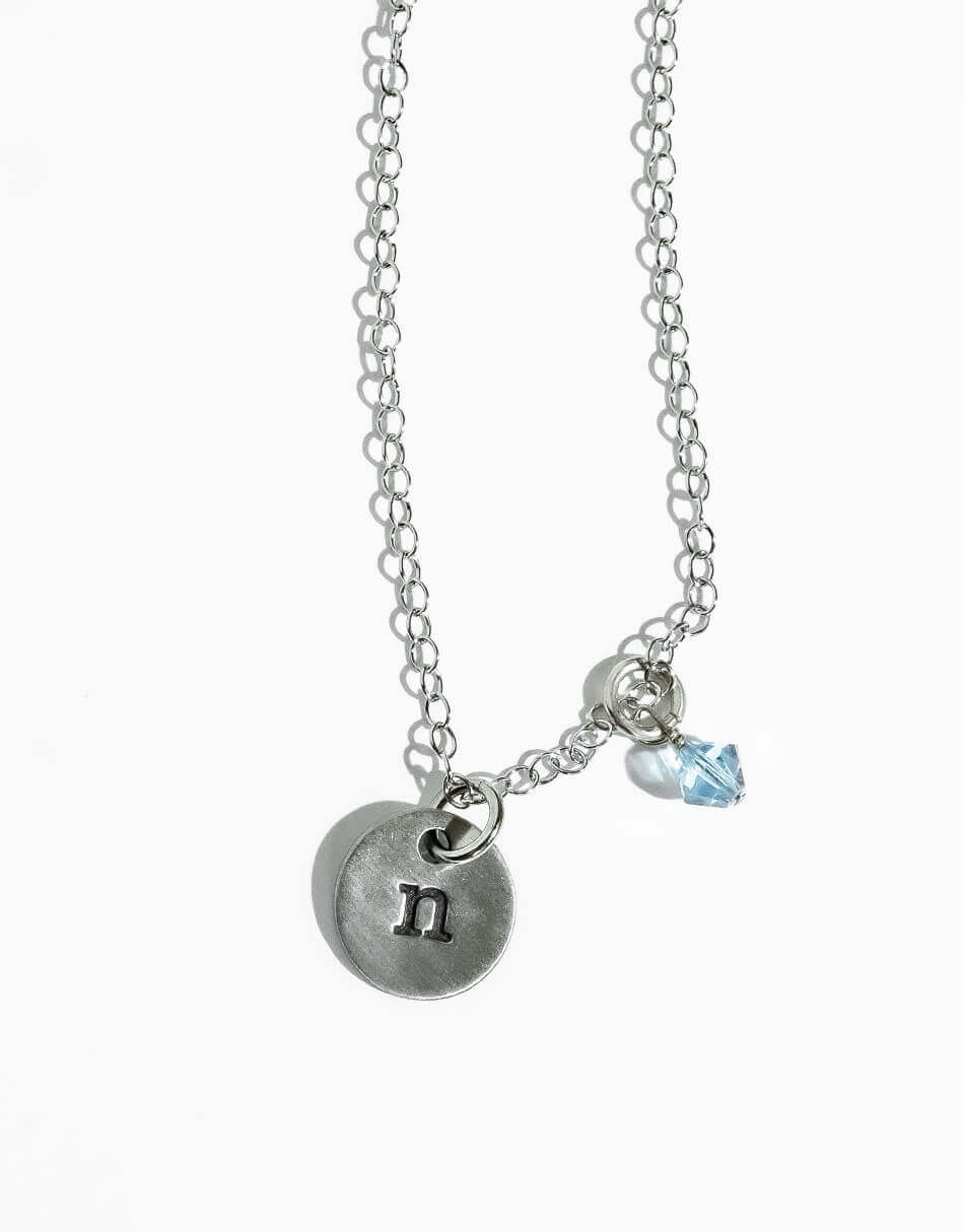 Small initial charm in fine pewter, hand stamped with your choice of initial. Perfect personalized necklace for wife, sister