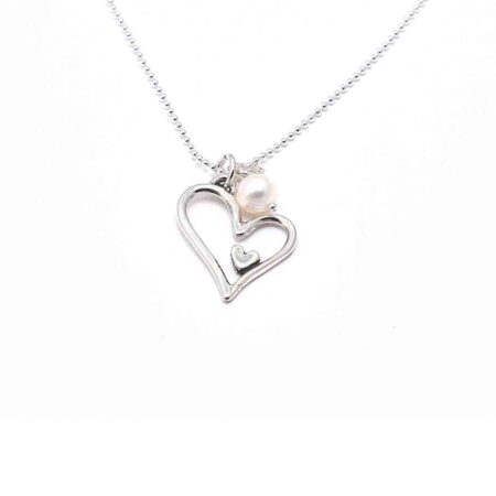 Sterling silver heart charm, hung on a sterling silver ball chain with a freshwater pearl. Perfect jewelry gift for wife
