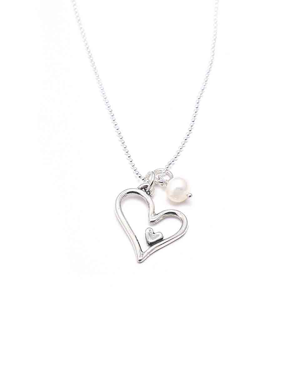 Sterling silver heart charm, hung on a sterling silver ball chain, adorned with a freshwater pearl. Perfect gift for a loved one