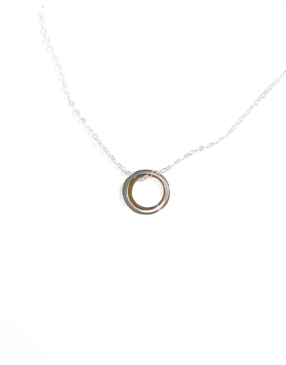 A beautiful sterling silver circle hung beside a gold-filled circle, on a sterling dainty chain. Best jewelry gift for a mother and daughter