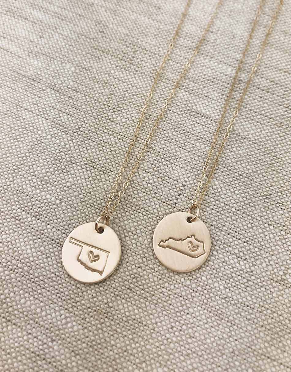 Sterling or gold-filled disc hand-stamped with your favorite US states. Personalized Necklace for Long Distance