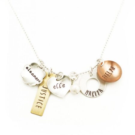 Create a beautiful mixed metals charm necklace with names engraved on them. Perfect gift for wife, mom, grandma