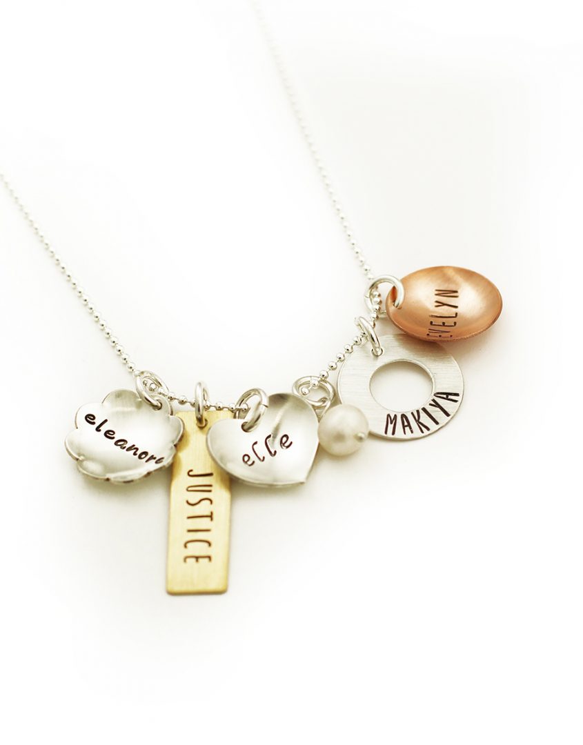 Mixed metal charm necklace with names engraved on them. Personalize with your choice of metal. Gift to mom, grandma, wife