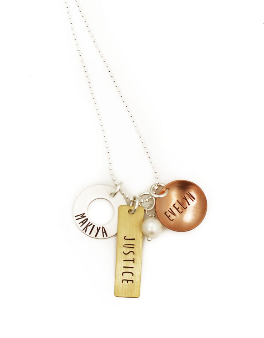 Create a beautiful mixed metals charm necklace with names engraved on them. Perfect gift for a mom or grandma