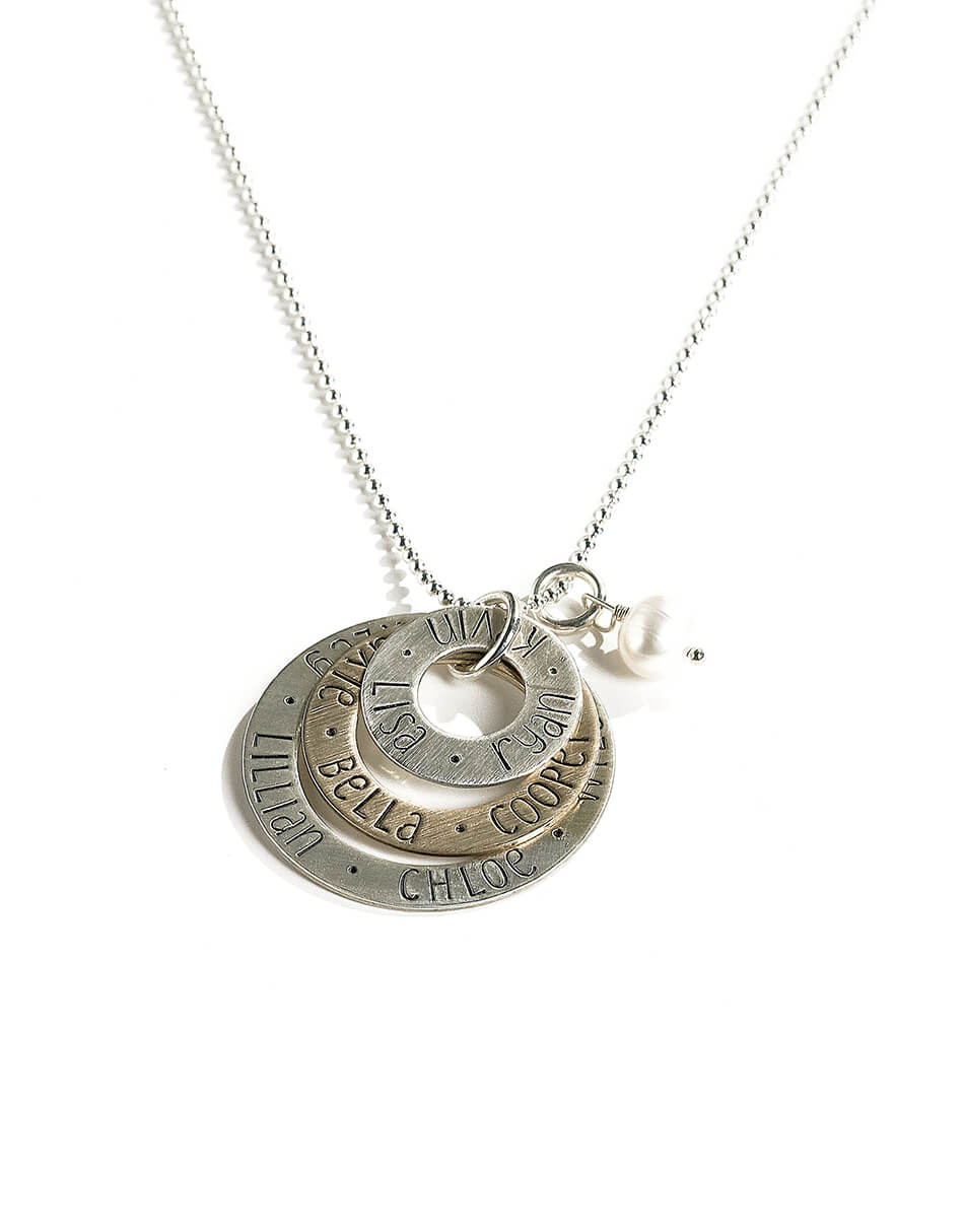 Hand layered necklace with 2 sterling silver circles and 1 gold-filled circle, hand-stamped with names. Perfect personalized necklace for a mom