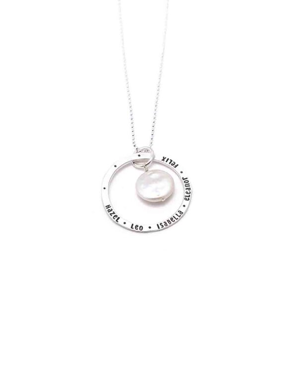 Classic Mother of Pearl necklace with a dainty sterling silver circle, hand stamped with names. Personalized jewelry for a mom