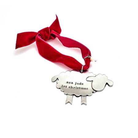 "My Little Lamb” ornament hand sculpted in fine pewter and hand stamped with message. Perfect gift for a baby