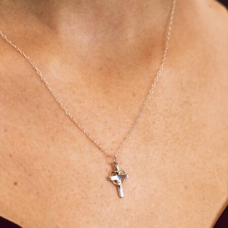 Sterling Silver 18 Inch Cross Necklace with Bronze Heart