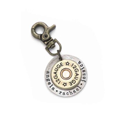 Best personalized gift for grandpa, dad, brother. A shotgun shell riveted in the middle of a hand stamped disc.