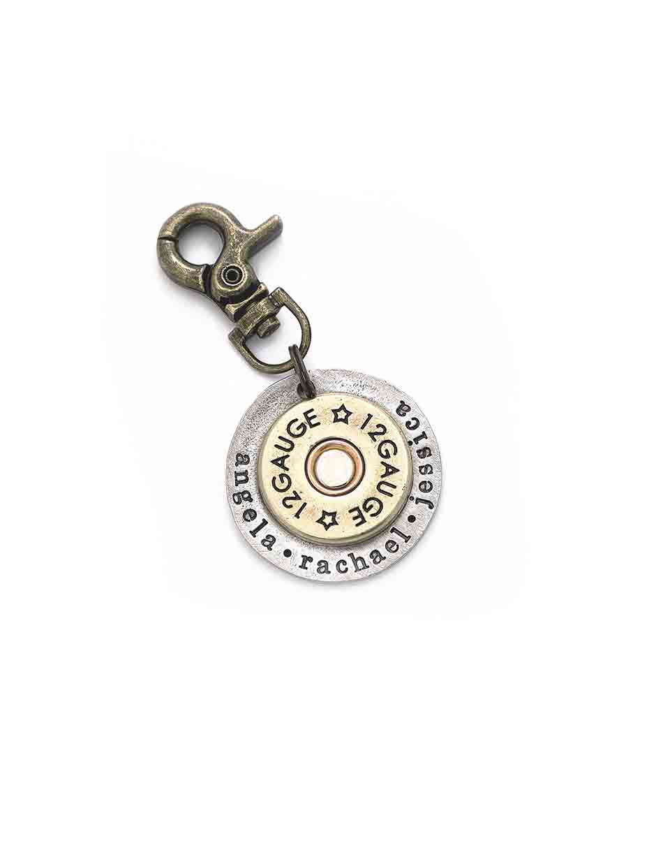 Best personalized gift for grandpa, dad, brother. A shotgun shell riveted in the middle of a hand stamped disc.
